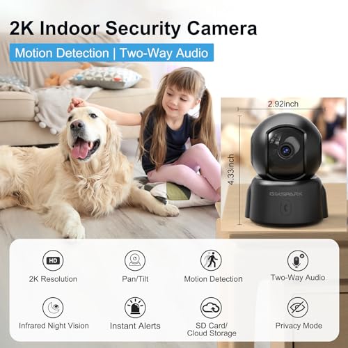 GOLSPARK Dog Pet Camera for Home Security 2K,2.4GHz WiFi Camera Baby Monitor for Room with Motion Tracking Detection Night Vision,Two-Way Audio SD/Cloud Storage