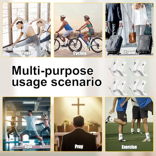 White 3:5 / 4 Christian Bible Verse Cross Print Socks - 4 Pairs, Anti-Slip Grip