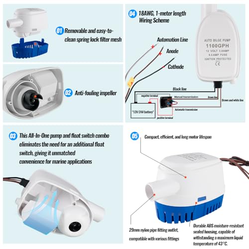 Xztrdi 12V 1100GPH Bilge Pump with Built-In Float Switch – Auto On/Off 1-1/8" Outlet