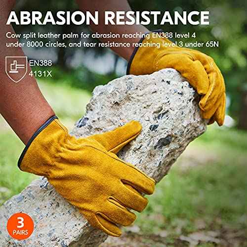 Vgo... 3-Pairs Unlined Cowhide Split Leather Work and Driver Gloves, for Heavy Duty, Truck Driving, Warehouse, Gardening, Farm (Size L, Gold, CB9501)