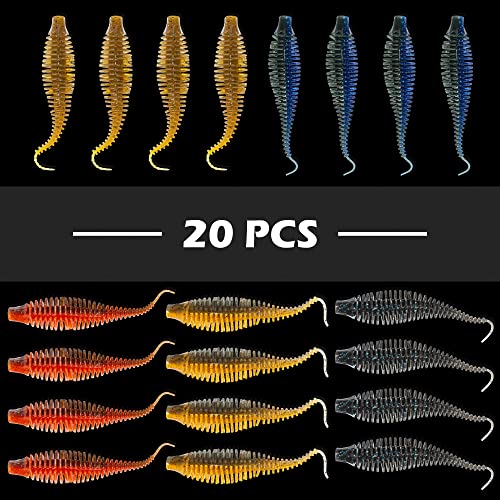 Bombrooster 4.75-20pcs Soft Plastic Worms Kit: Finesse Stick Worms & Ribbed Swimbait