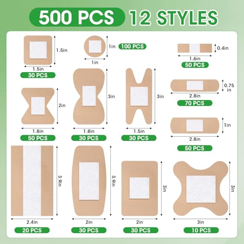 500 Counts Assorted Bandages Bulk Variety Pack, 12 Styles Flexible Fabric - CXYARY (Bandages Assorted-500p)
