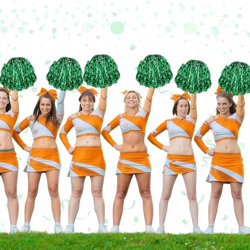 Green Cheerleading Pom Poms XL Hand Flowers 2-Pack - Sparkling Metallic Foil for Sports & Events