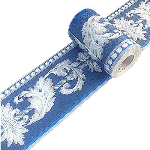 Self Adhesive 3D Blue Flower Waterproof Wallpaper Border Peel and Stick for Bathroom Kitchen Counter Top Tiles Sticker 10CM by 5M (Blue)