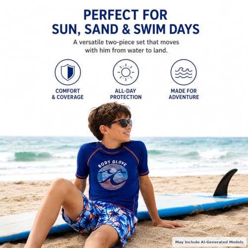 Body Glove Boys 2-Piece Swim Set Rash Guard & Trunks Navy Palm Trees 12