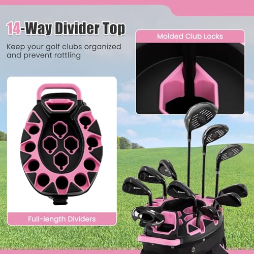 14-Way Golf Cart Bag with Cooler & Full Length Dividers - Black+Pink