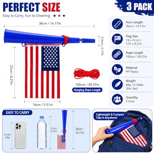 3 Pack American Flag Stadium Horns - Loud Plastic Noise Makers