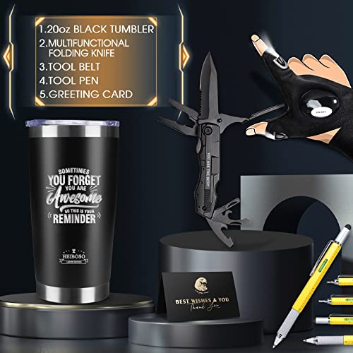 HEIBOSO A-LUXURY Gift Set for Men - 6-in-1 Stainless Steel Tumbler, Multi-Tool Knife, LED Gloves & Pen, Keepsake Box - Last Minute Birthday, Father's Day, Anniversary Gift for Dad & Husband