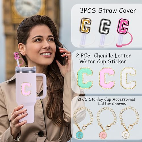 Straw Cover Set with Letter Charm & Stickers - Letter C