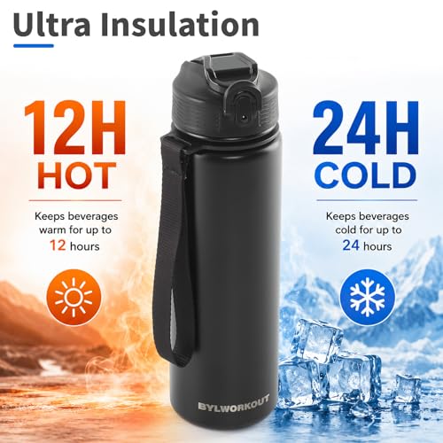 BYLWORKOUT 24oz Insulated Stainless Steel Water Bottle with Straw & Chug Lid