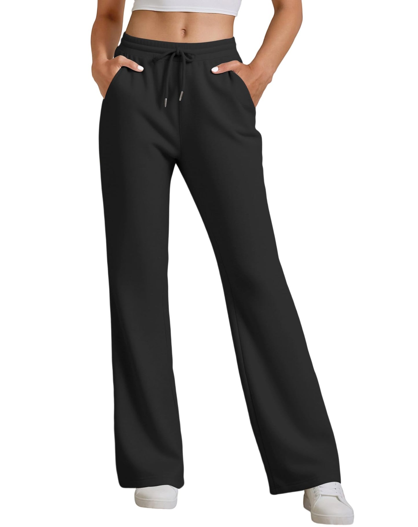 JEKAOYI Womens High Waisted Flared Sweatpants Drawstring Casual Lounge Lightweight Wide Leg Pants with Pockets Black
