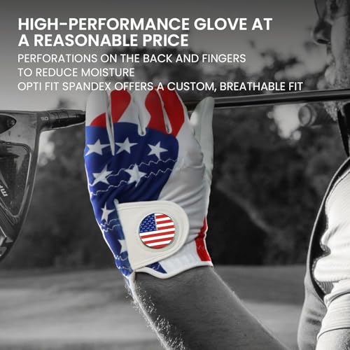 Golf Gloves for Men - Right Handed with Ball Marker - Large White & USA Flag