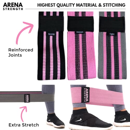 Arena Strength Fabric Booty Bands - Pink, Gray, Black Hip Resistance Loops with Workout Guide