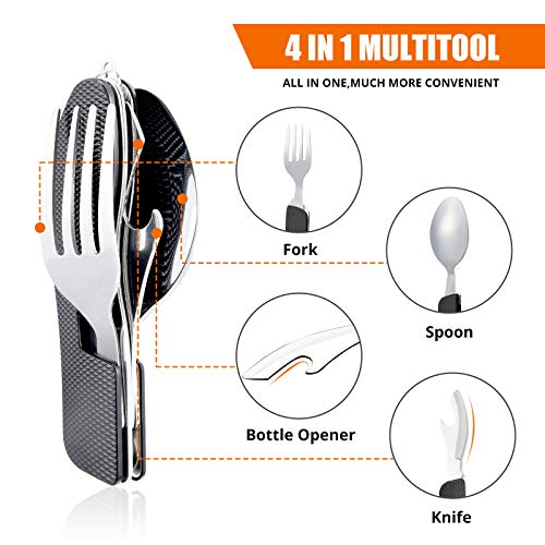 HIKENTURE 2-Pack Black Camping Utensils 4-in-1 Foldable Spoon Fork Knife Set