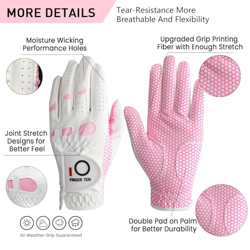 Golf Gloves for Women - Extra Grip, Breathable Fit, Left Hand - Pink, Medium
