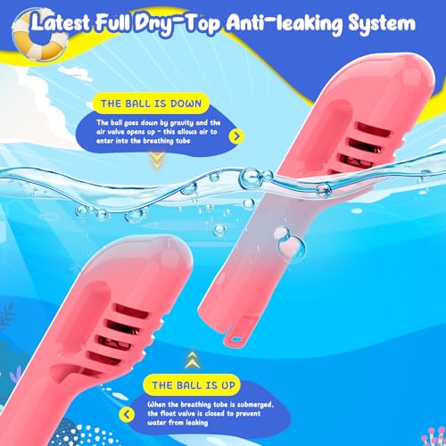 Kids Full Face Snorkel Mask Pink & Blue XS - 180° Panoramic View Anti-Fog & Leakproof