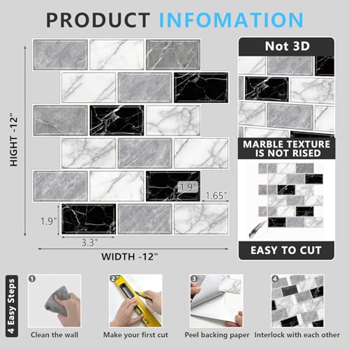 10-Sheet Peel and Stick Backsplash Tiles - 12x12 Marble Look