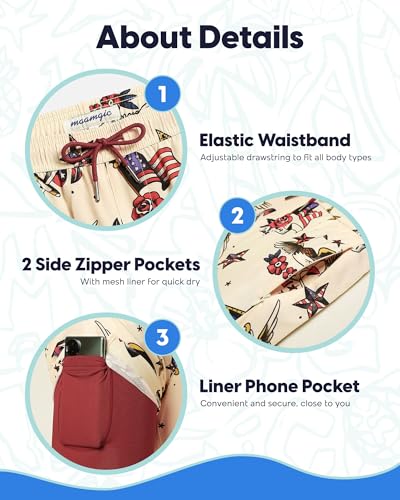 Maamgic Men's 7 Inch Swim Trunks with Compression Liner & Zippered Pockets - X-Large Beige & Red Eagle American Flag