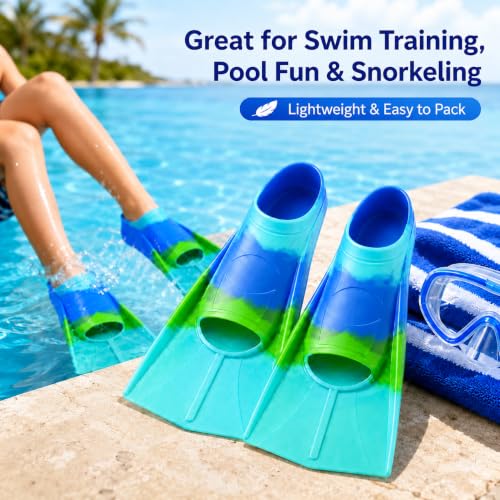 Kids Swim Fins Short Blade Pool Training Flippers for Children Blue/Green XXS US Kids 11.5-13