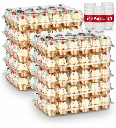 Gencywe Stackable Cupcake Carrier Set with 240 Liners - Food Grade Plastic, Tall Dome Lid, 24 Cupcakes
