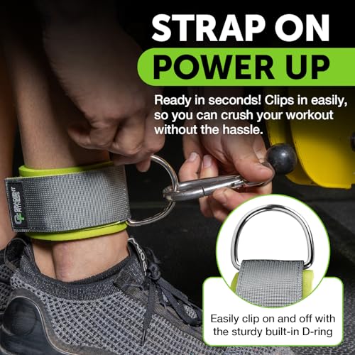 Padded Ankle Straps for Cable Machines - 2 Pack, Gray & Green 1 D-Ring