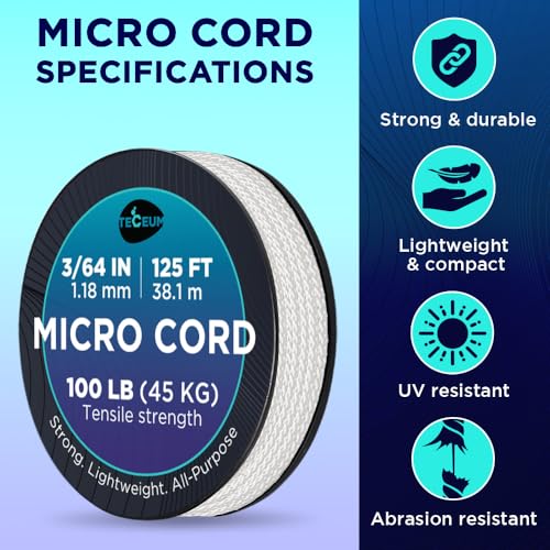 TECEUM White Micro Paracord Rope 1.18mm x 125ft Lightweight Braided Cord