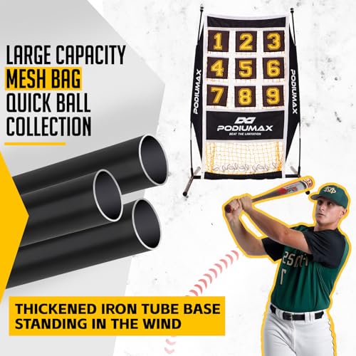 PodiuMax Yellow Baseball Pitching Net with 9 Hit Zones, 5 Height Adjustments – Solo Backyard Trainer