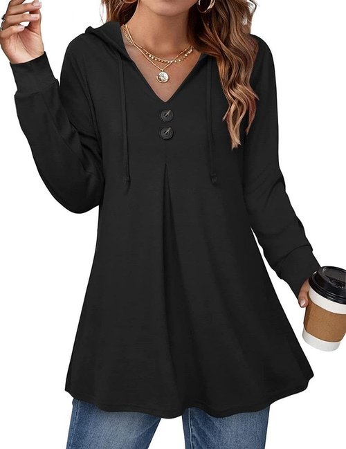 Bengbobar Women's Casual V-Neck Hoodie - Trendy Long Sleeve Pullover Top in Solid Color