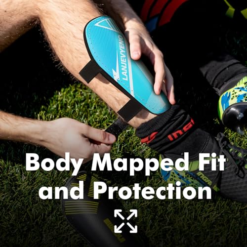 Kids Soccer Shin Guards - Protective Football Gear with Adjustable Straps - Blue / Medium