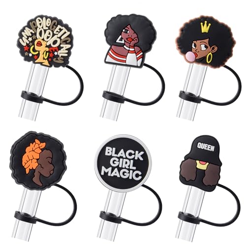 Cute Black Girl Straw Cover Caps - 6 Pack for Stanley Cups