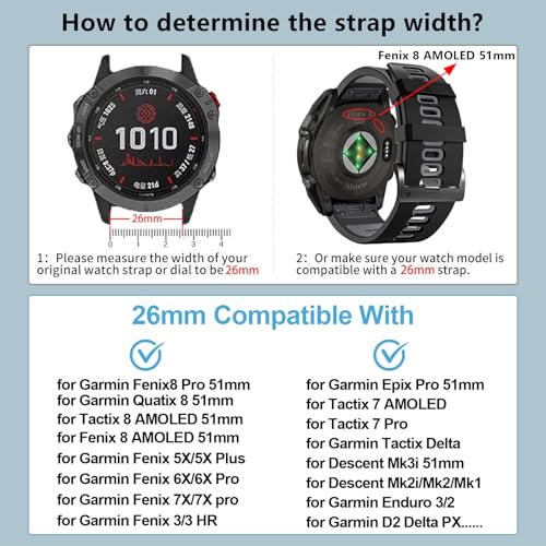 26mm Silicone Sport Watch Bands for Garmin Tactix 8/Fenix 8 - White/Black