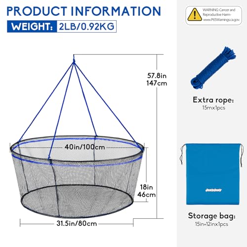 QualyQualy Rubber Foldable Fishing Net 40 Inch Hoop for Fish, Shrimp & Crawfish