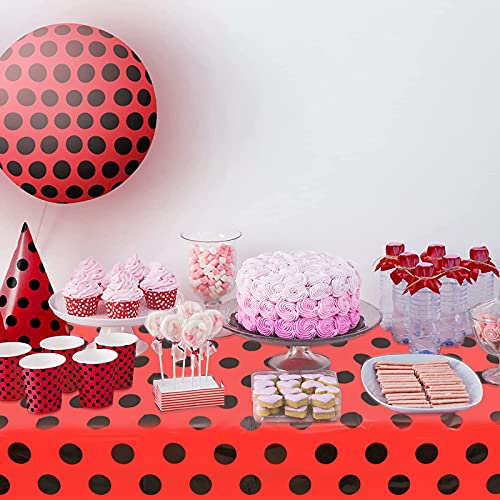 Ladybug Party Tablecloths - 2 Pack Red & Black Polka Dots, 87 x 51 Inches