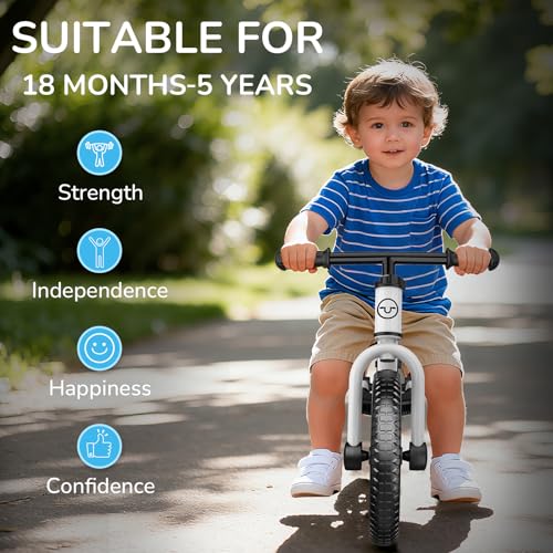 Umatoll White Toddler Balance Bike for 2-5 Years Old, Adjustable Kids Bike Gift