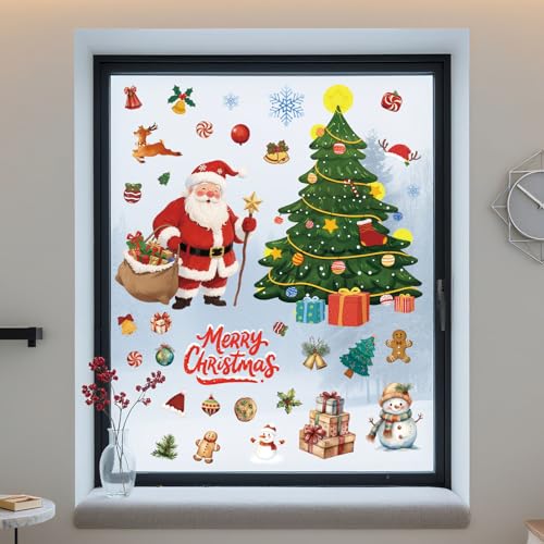 Christmas Wall Decals Removable - Winter Peel and Stick Window Clings, 6-Sheet Set with Snowman, Santa Claus, Large Christmas Tree Designs for Home, Office, Bedroom, Living Room, Party Winter Decor