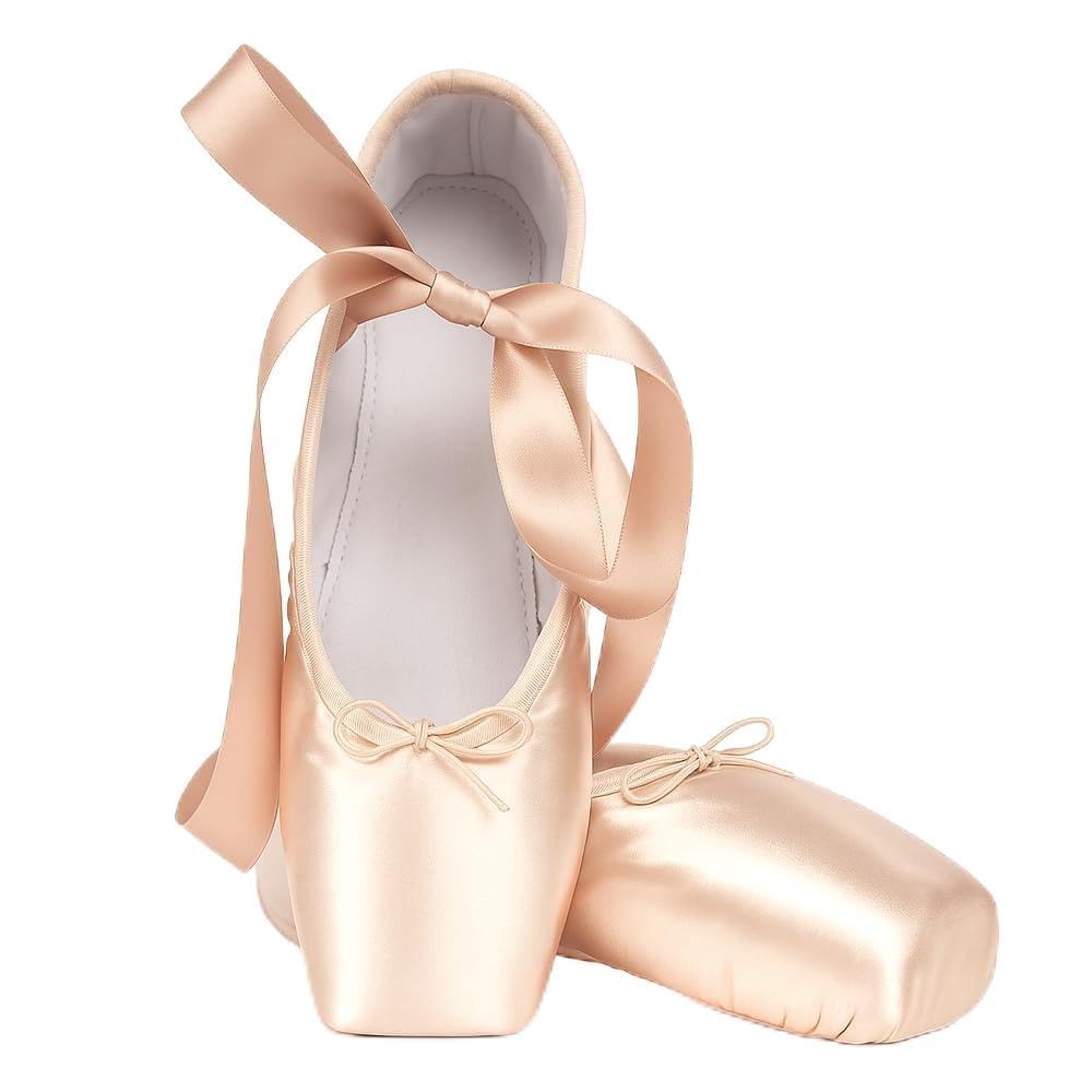 DoGeek Satin Pointe Shoes for Girls Kids Ribbon Ballet Pointe Shoes with Toe Pads for School or Home (Pink, Little Kid, Women, Numeric, US Footwear Size System, Medium)