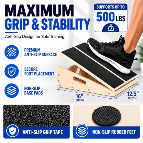 Pro Slant Board - Wooden Calf Stretching Board with 5 Angles, 16"L x 12.5"W, 500 lb Capacity