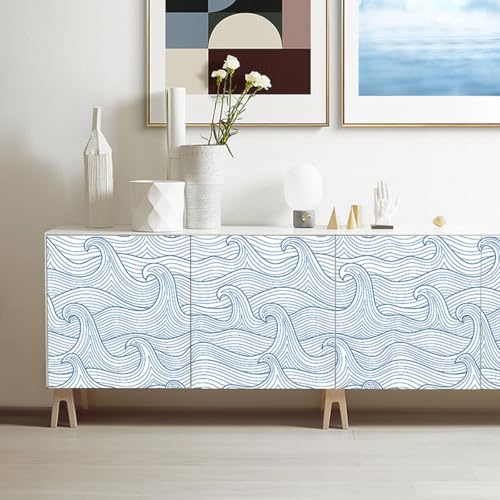Okydoky Peel and Stick Wallpaper, Modern Wave Self-Adhesive Wall Paper, Blue Removable Wallpaper, Contact Paper for Bedroom Cabinet Bathroom Decoration 17.3"x118", No.96141-1-3
