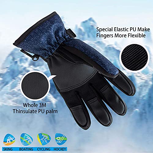 Kids Waterproof Winter Snow Mittens with Long Cuff - Jean Blue, 6-8T