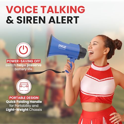 Pyle Blue Compact 30W Battery Megaphone with Siren, 1200 Yards Range, Foldable Handle