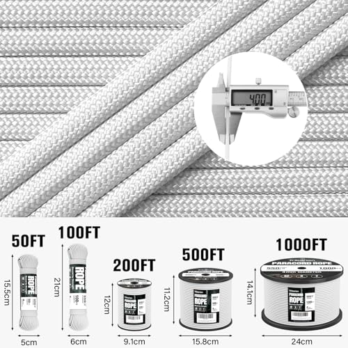 550 lb Paracord Rope - 50ft 7-Strand Utility Cord for Camping - White