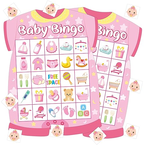 Pink Baby Shower Bingo Cards - 24 Player Set with Chips & Instructions