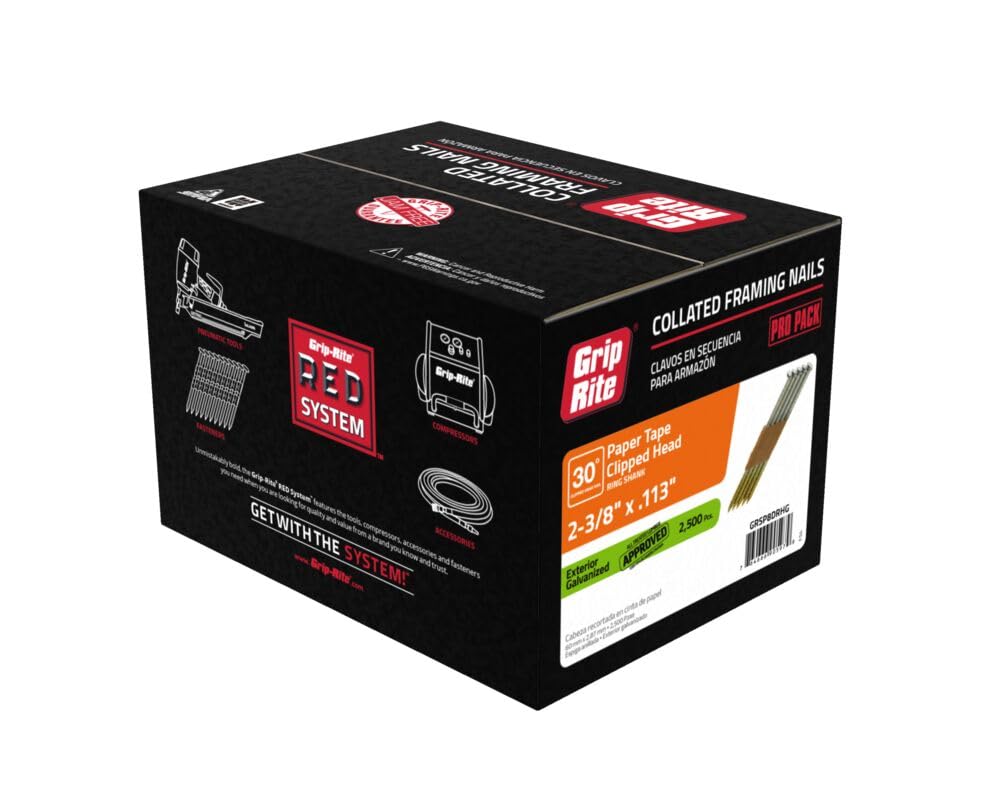 Grip-Rite GRSP8DRHG Clipped Head 2-3/8-inch by .113-inch by 30 Degree Paper Collated Ring Shank Hot-Dip Galvanized Framing Nail, 2,500 per Box