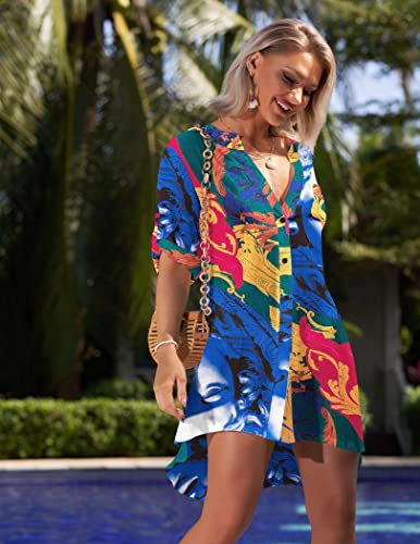 Women's V-Neck Swimsuit Cover Up Tunic - Colorful Sky Blue, S-3XL