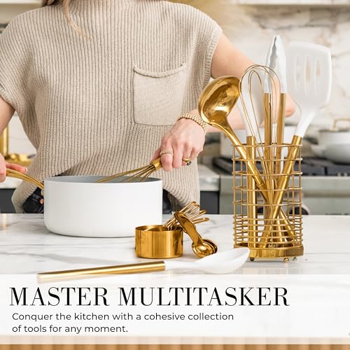 Styled Settings 15-Piece White & Gold Kitchen Utensils Set with Holder