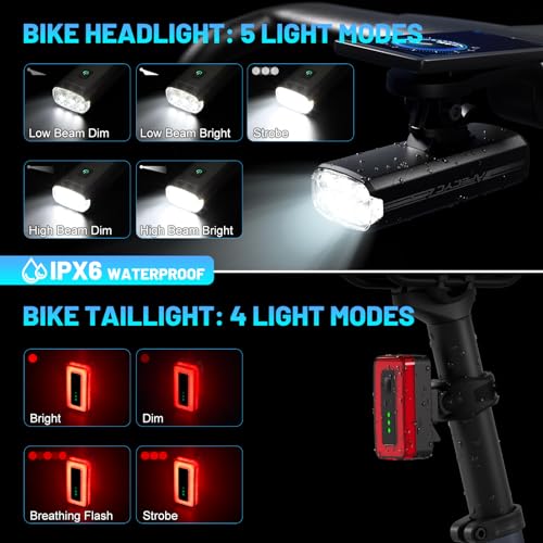 APECYC Rechargeable Bicycle Front & Rear Lights Set - 4+5 Mode Waterproof Bike Lights, 18000-1Pack