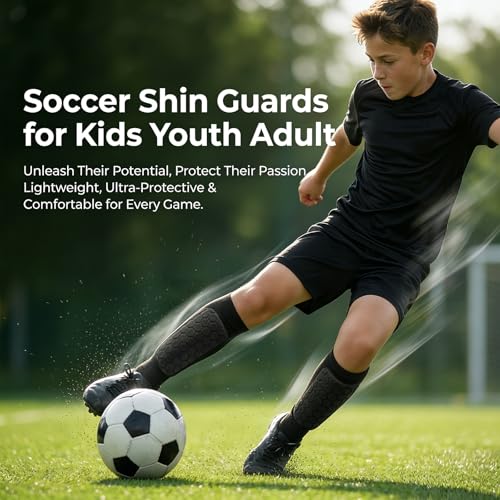 LAZGET Kids Soccer Shin Guards Socks with Honeycomb Gel Pads - Black S (Age 6-10)