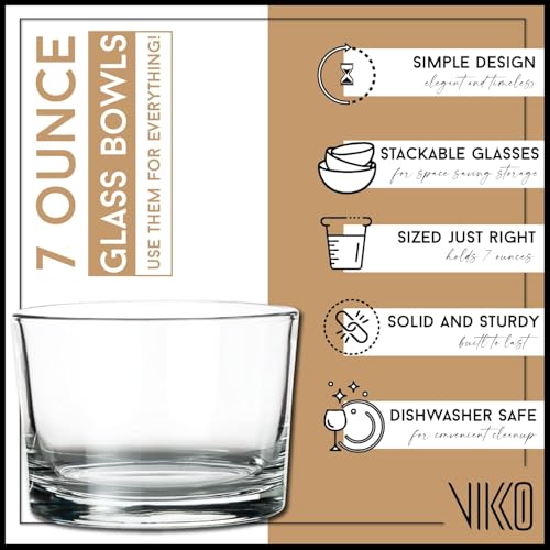Vikko 7 oz Glass Dessert Bowls Set of 12 – Small Parfait Cups, Stackable Custard Cups, 3.2" x 2.2"