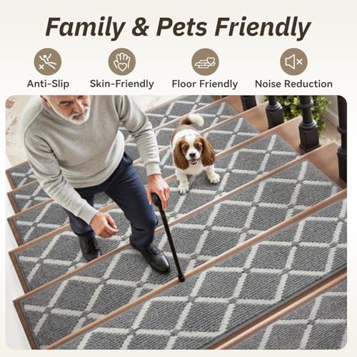 PADOOR Stair Treads for Wooden Steps, 15PC Peel and Stick Stair Treads Non Slip Indoor, Durable Stair Runners Residue Free, Washable Carpet Stair Treads for Kids and Dogs 8"x30" Grey