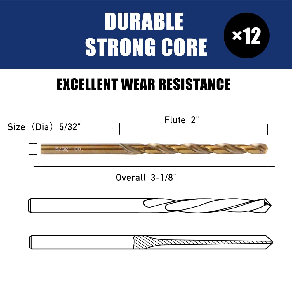 12pcs 5/32" Cobalt Drill Bits, M35 Jobber Drill Bits for Metal, Stainless Steel, Cast Iron, Wood, Plastic, Fully Ground from Pro Edge Technology